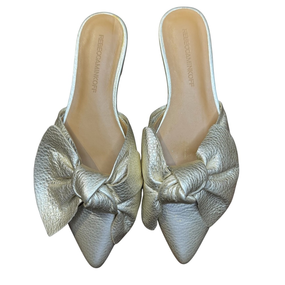 Rebecca Minkoff Shoes Womens Size 6.5M Gold Leather Bow Slide Flats‎ Pointed Toe